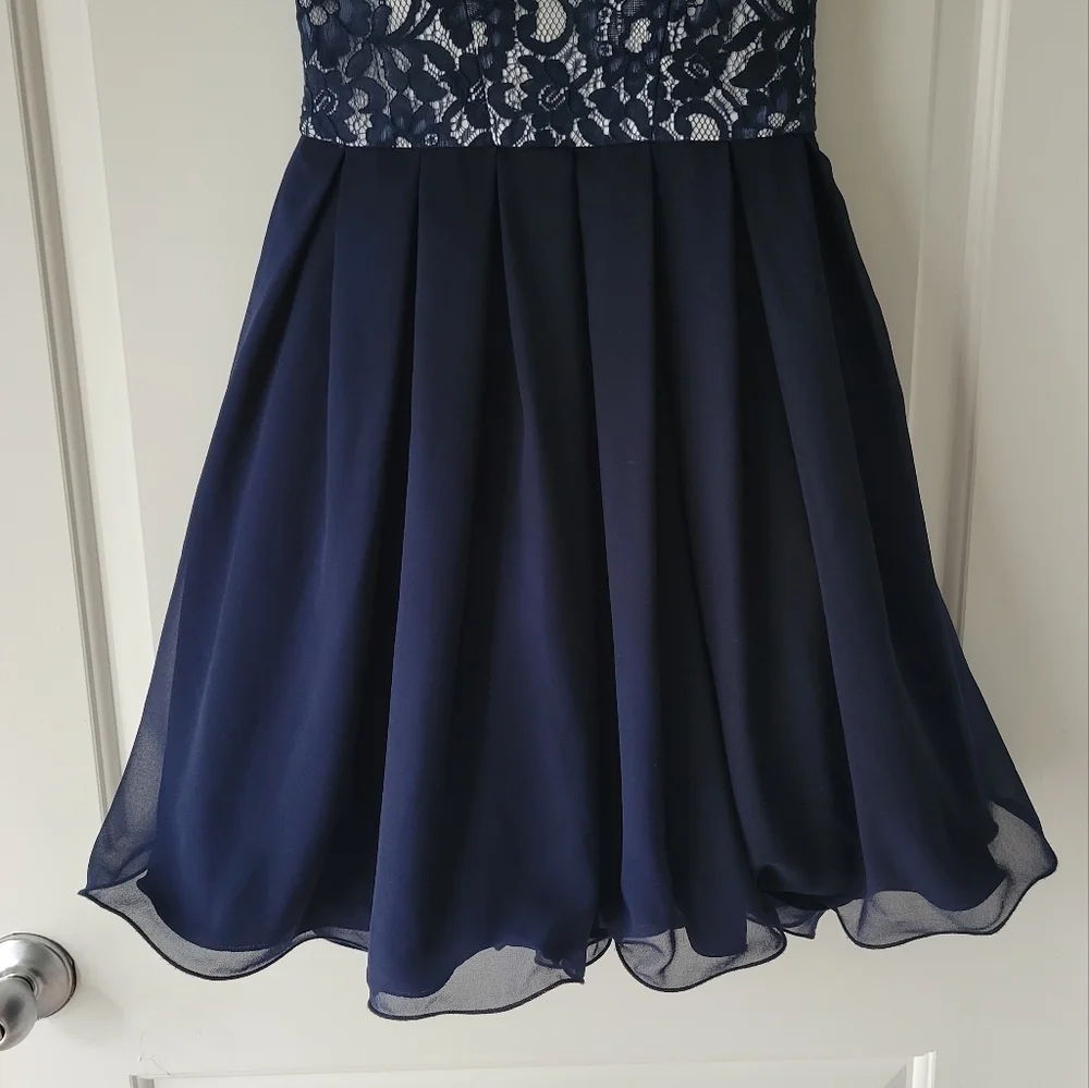 Pleated Cap Sleeved Blue White Lace Tulle Midi Cocktail Dress Size 4 - Picture 3 of 12